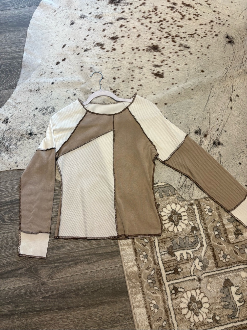 Colorblock Ribbed Long Sleeve Top in Cream & Tan